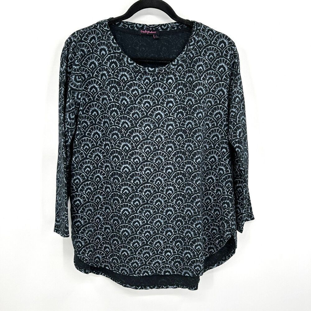 FRESH PRODUCE Navy Light Blue Design Boxy Long Sleeve Crew Neck Shirt Size Large